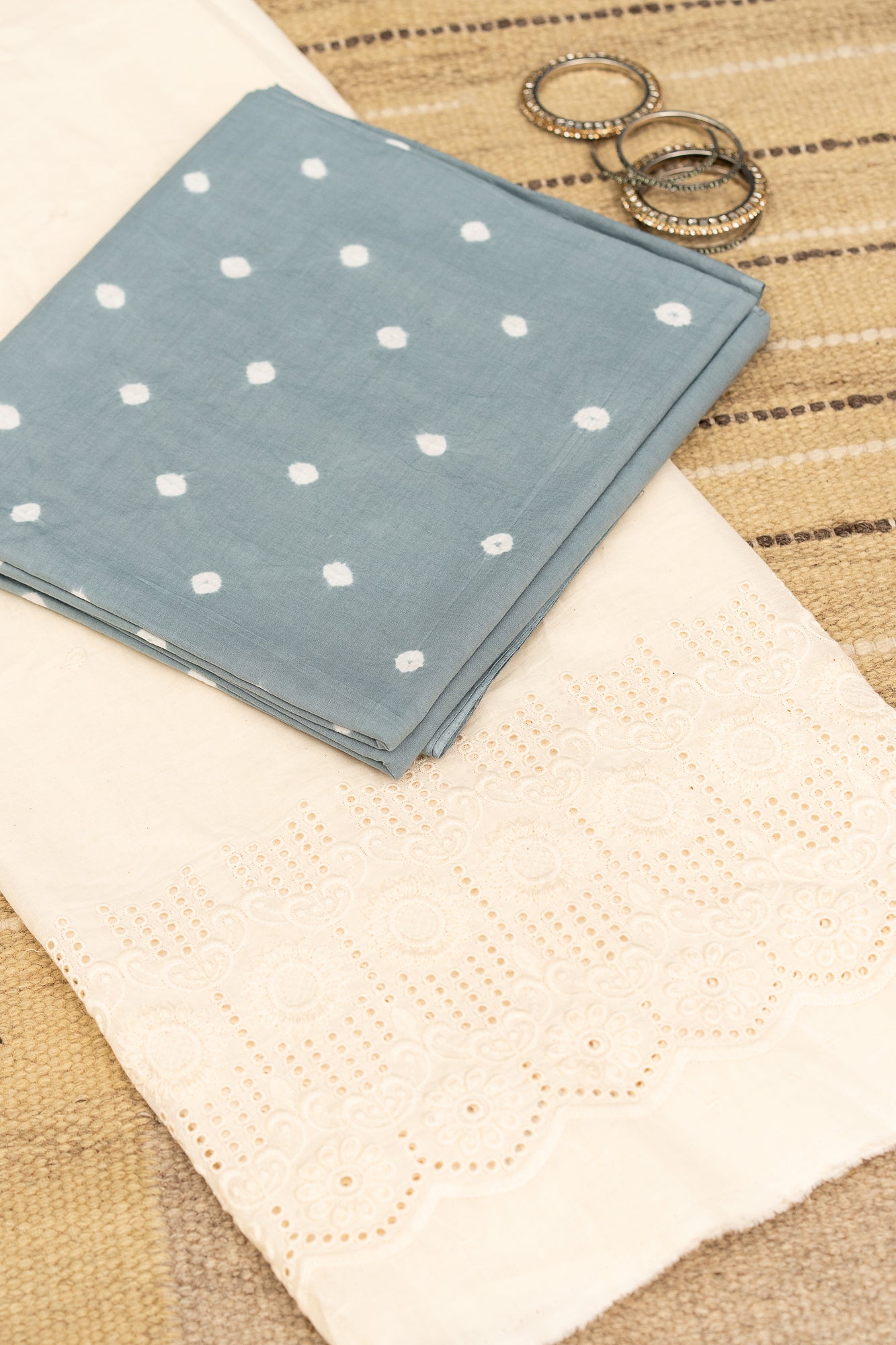 BANDHANI BLOOM GREY - Unstitched Cotton 60×60 Suit Set with Dupatta (3 Piece Fabric)