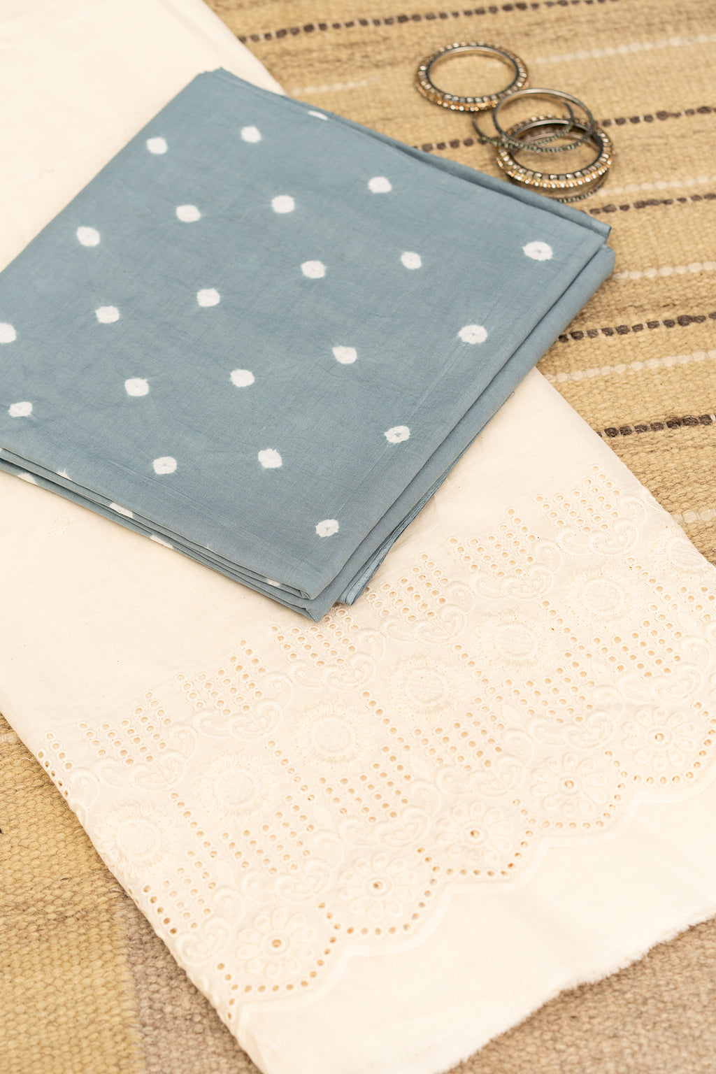 BANDHANI BLOOM GREY - Unstitched Cotton 60×60 Suit Set with Dupatta (3 Piece Fabric)