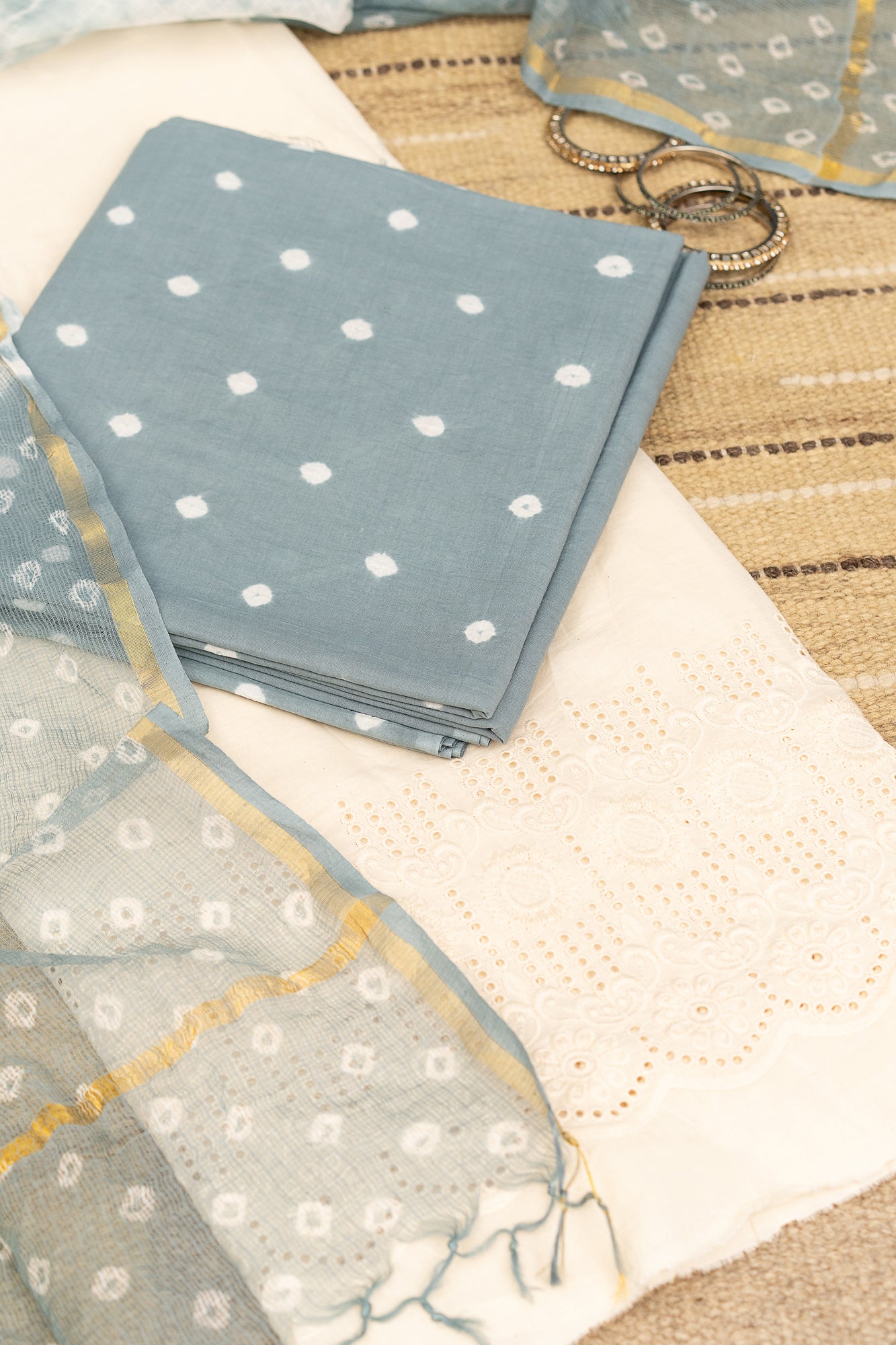 BANDHANI BLOOM GREY - Unstitched Cotton 60×60 Suit Set with Dupatta (3 Piece Fabric)