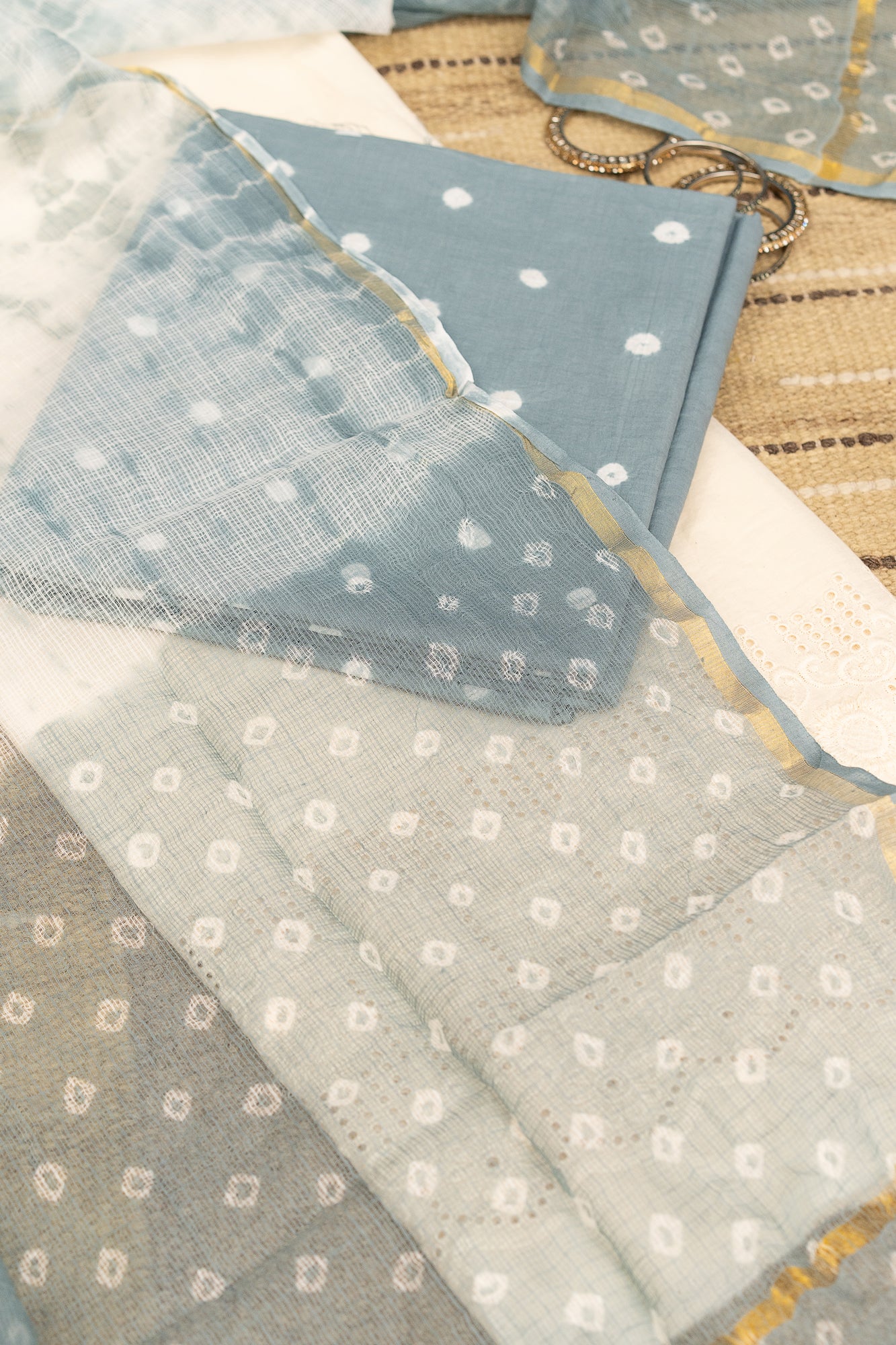 BANDHANI BLOOM GREY - Unstitched Cotton 60×60 Suit Set with Dupatta (3 Piece Fabric)