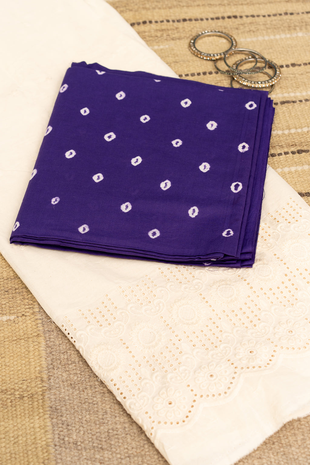 BANDHANI BLOOM -  Unstitched Cotton 60×60 Suit Set with Dupatta (3 Piece Fabric) In Voilet