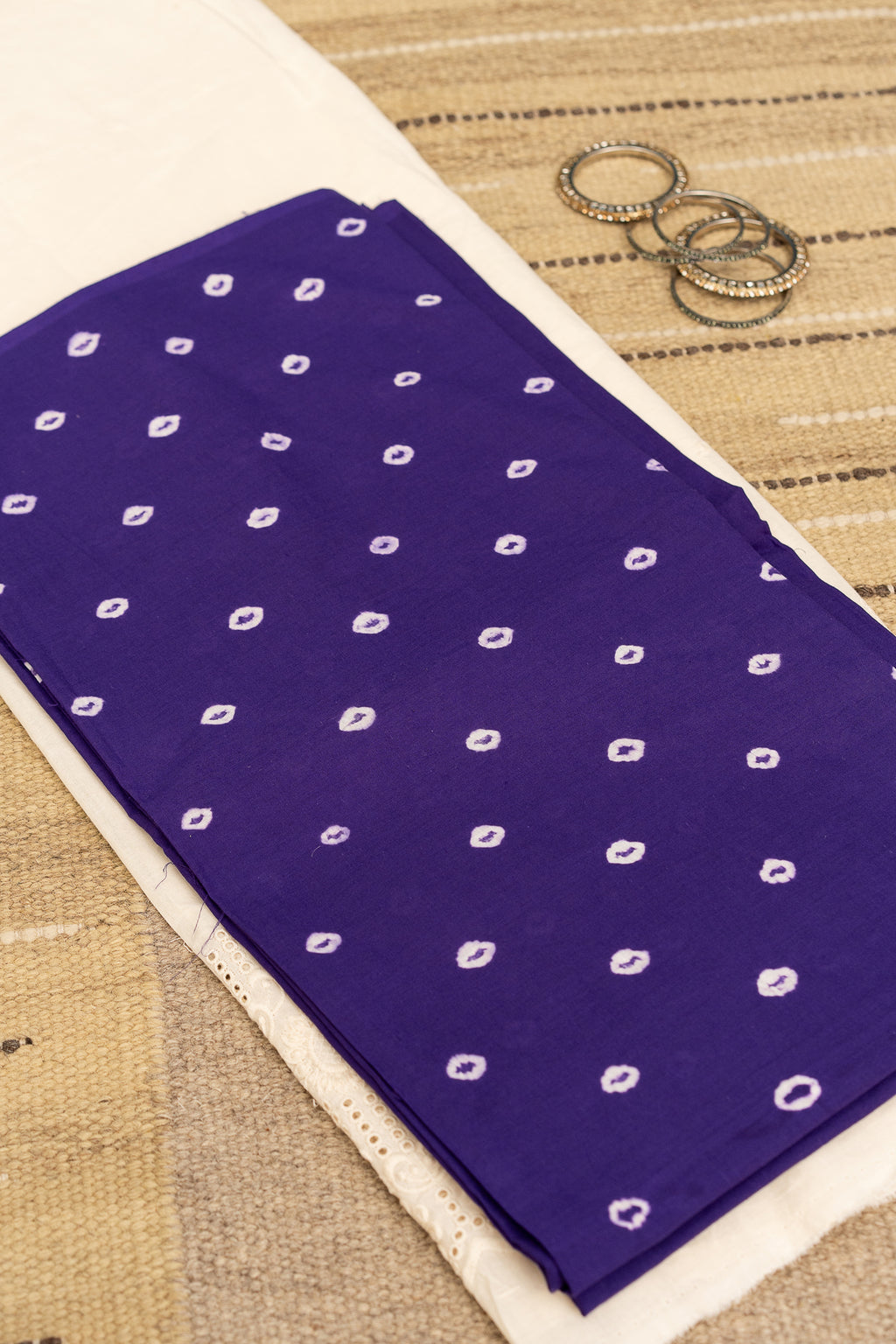 BANDHANI BLOOM -  Unstitched Cotton 60×60 Suit Set with Dupatta (3 Piece Fabric) In Voilet