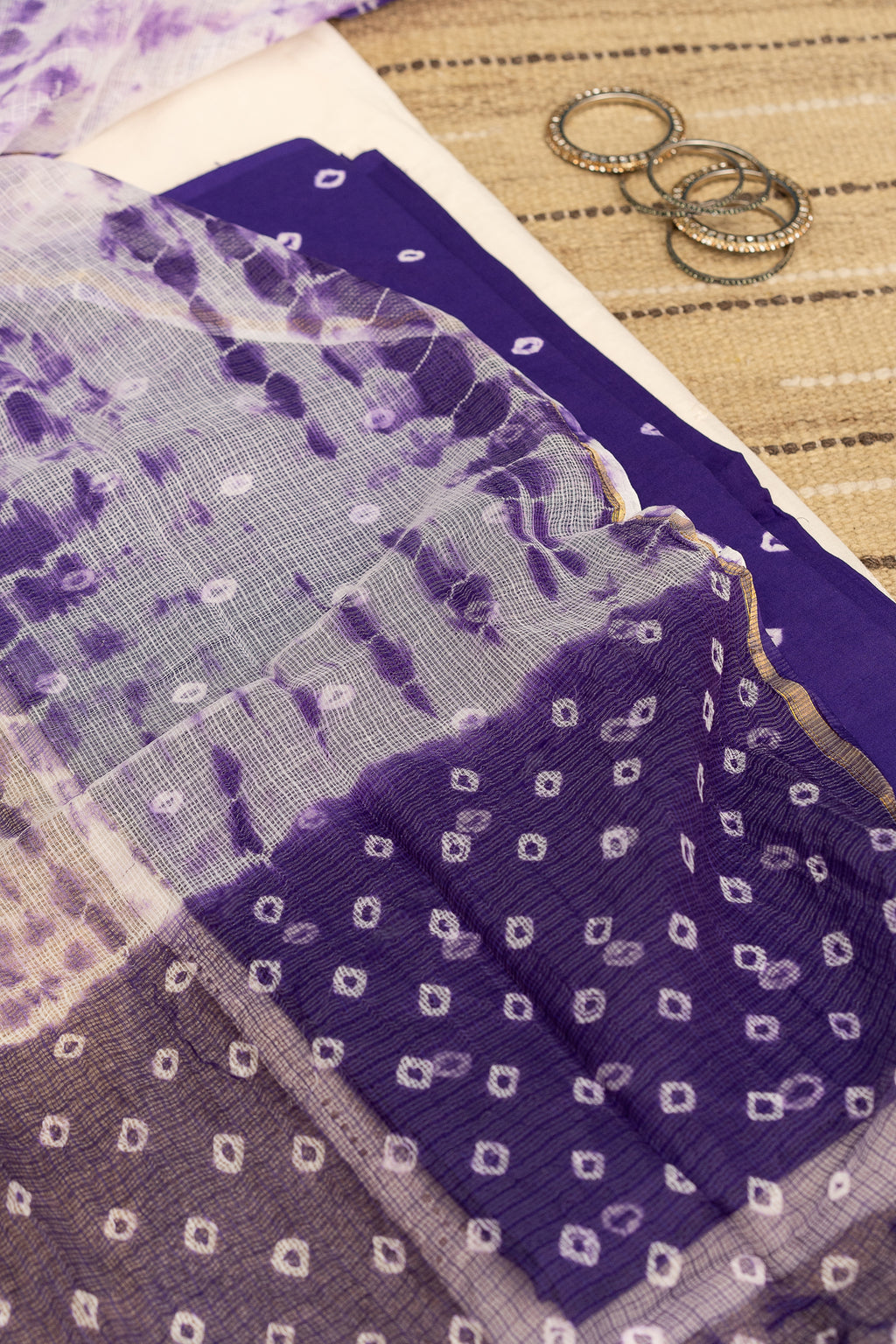 BANDHANI BLOOM -  Unstitched Cotton 60×60 Suit Set with Dupatta (3 Piece Fabric) In Voilet