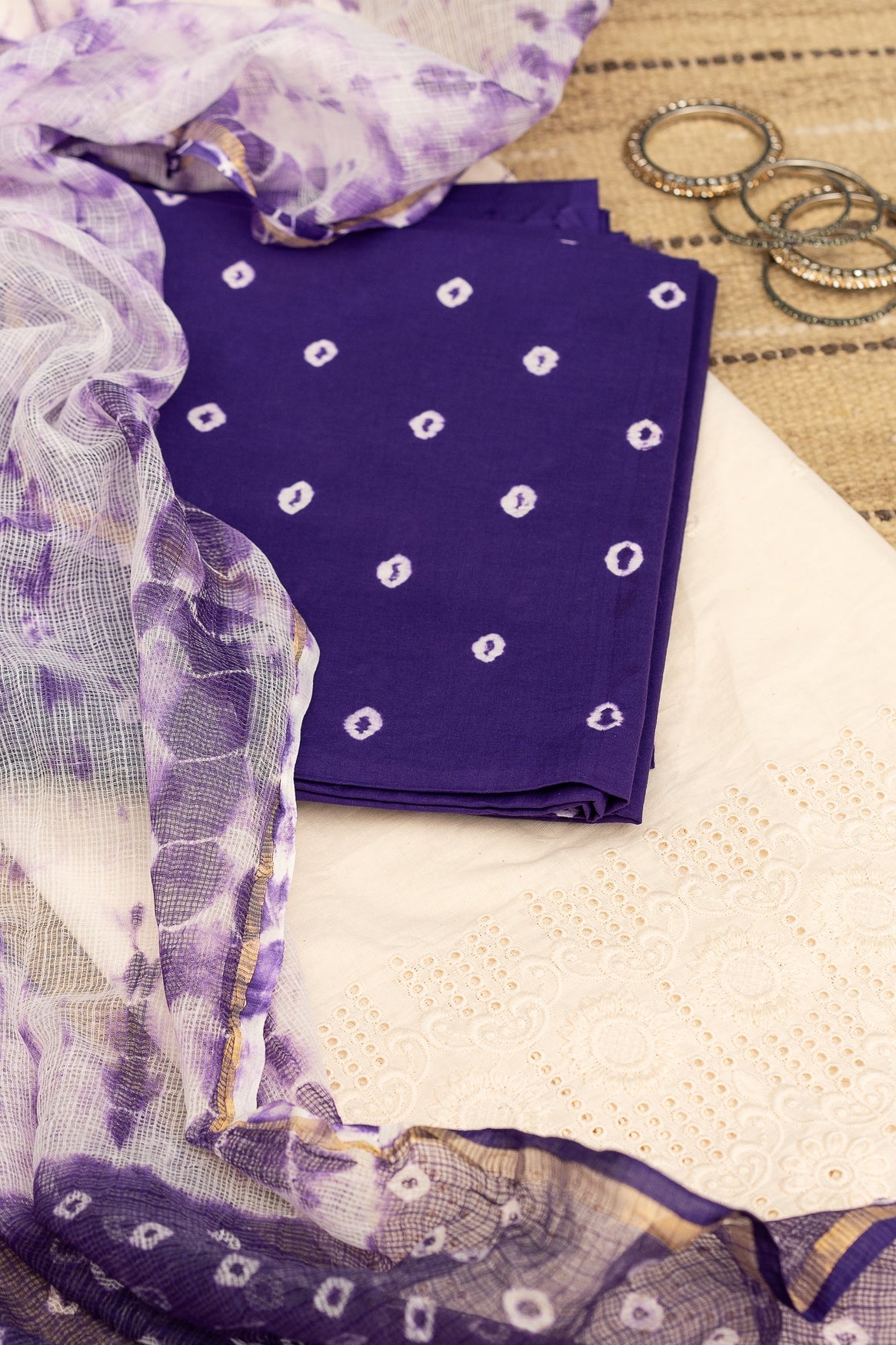 BANDHANI BLOOM -  Unstitched Cotton 60×60 Suit Set with Dupatta (3 Piece Fabric) In Voilet