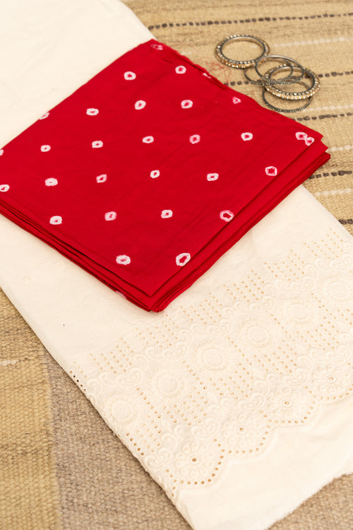 BANDHANI BLOOM - Unstitched Cotton 60×60 Suit Set with Dupatta (3 Piece Fabric) RED