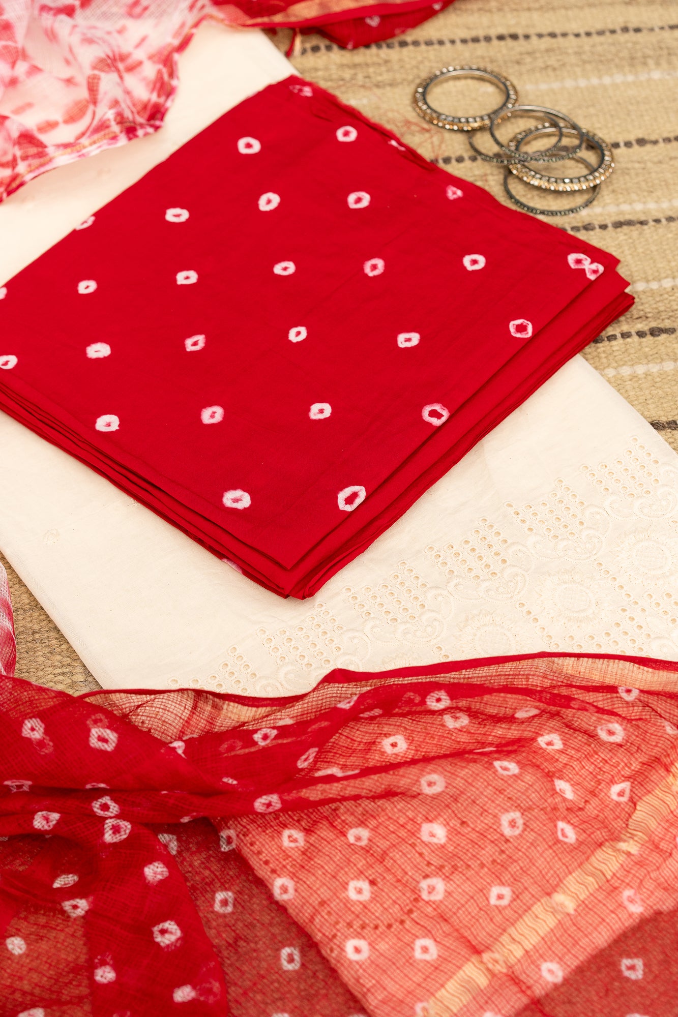 BANDHANI BLOOM - Unstitched Cotton 60×60 Suit Set with Dupatta (3 Piece Fabric) RED