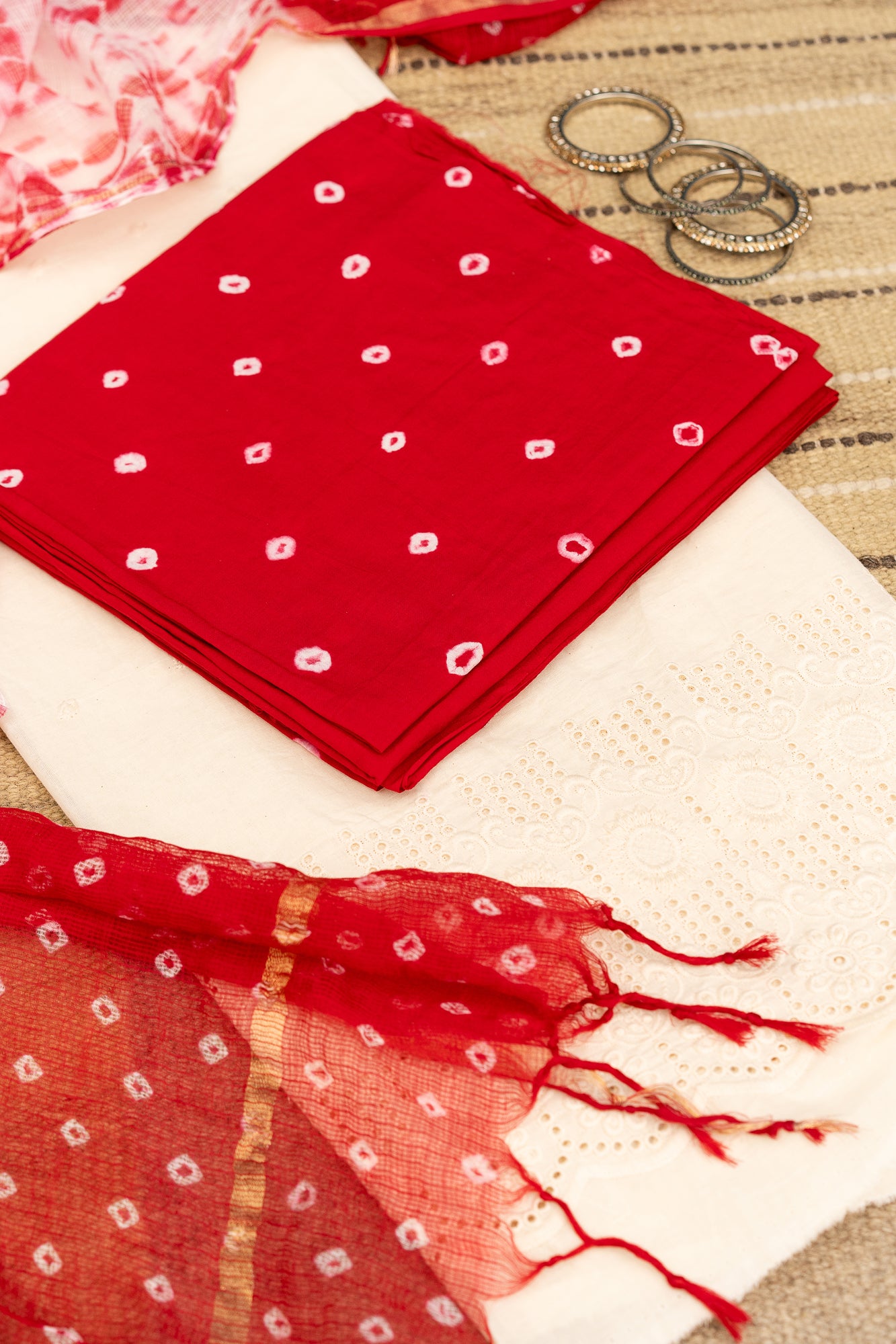BANDHANI BLOOM - Unstitched Cotton 60×60 Suit Set with Dupatta (3 Piece Fabric) RED