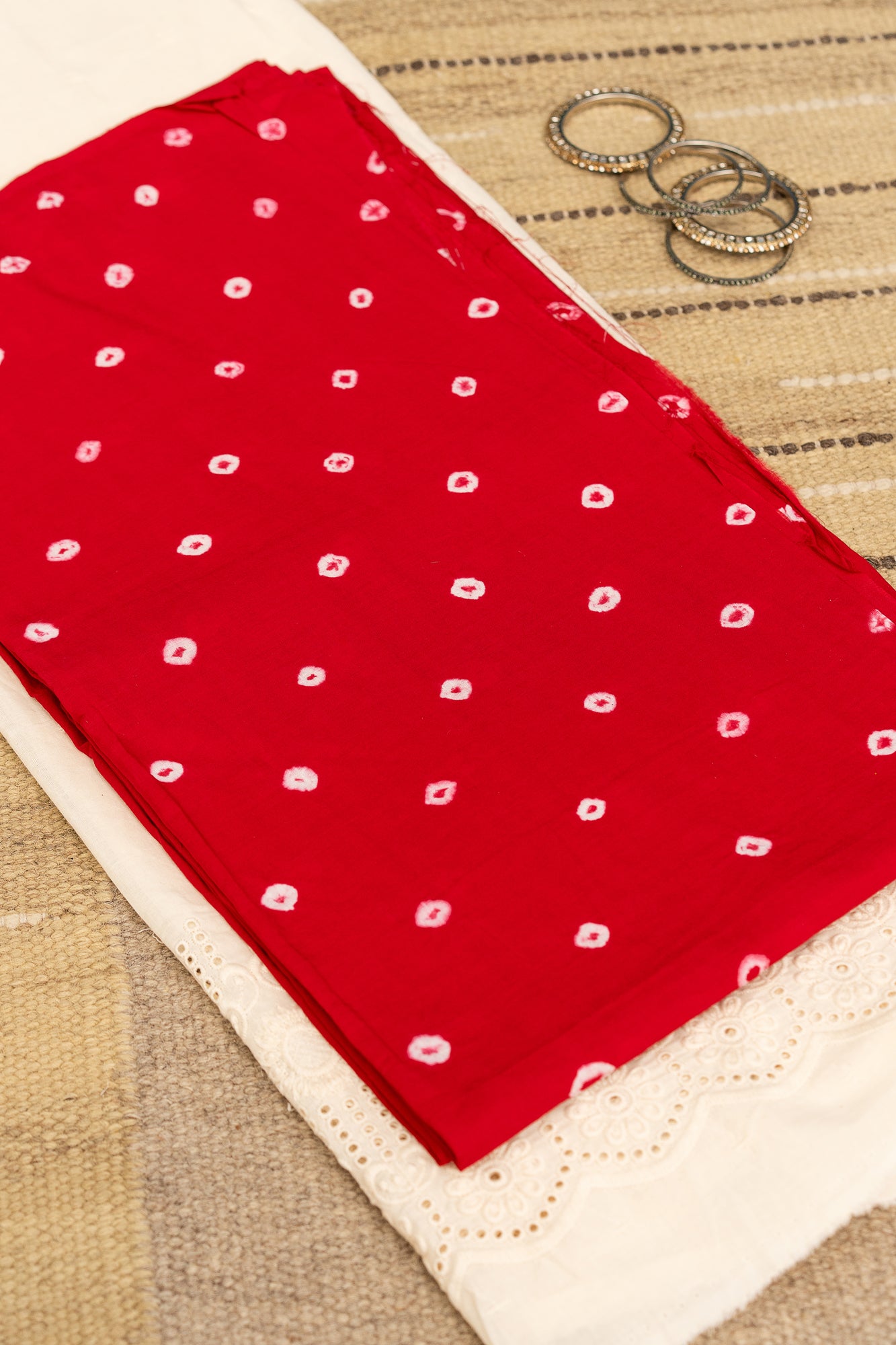 BANDHANI BLOOM - Unstitched Cotton 60×60 Suit Set with Dupatta (3 Piece Fabric) RED