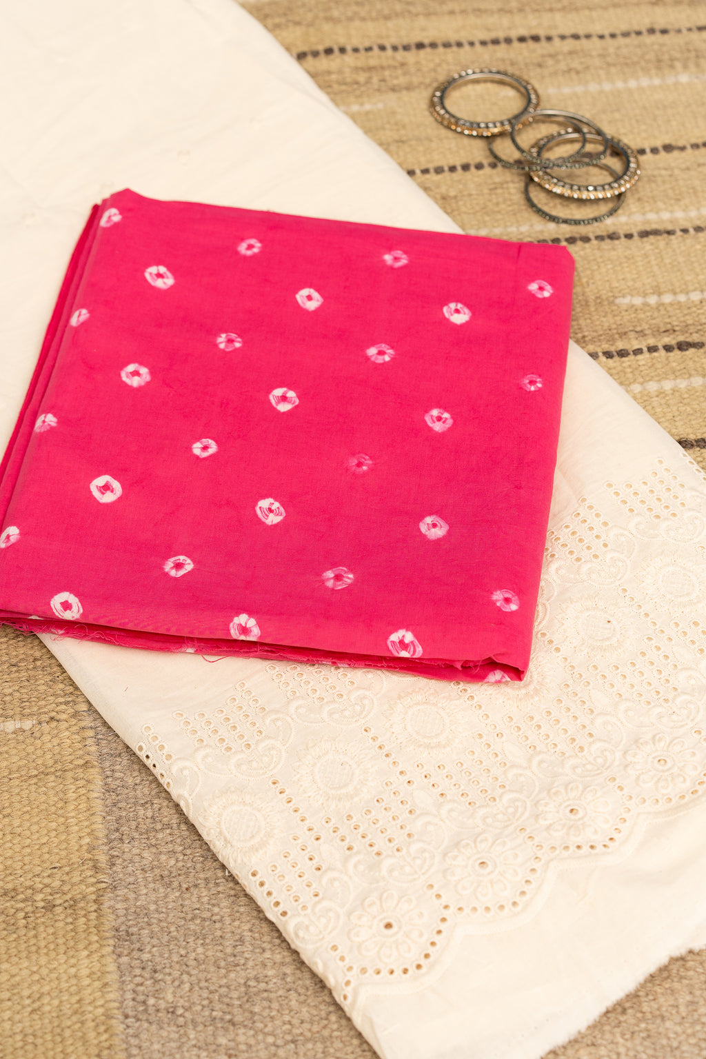 BANDHANI BLOOM - Unstitched Cotton 60×60 Suit Set with Dupatta (3 Piece Fabric)- CRIMSON PINK