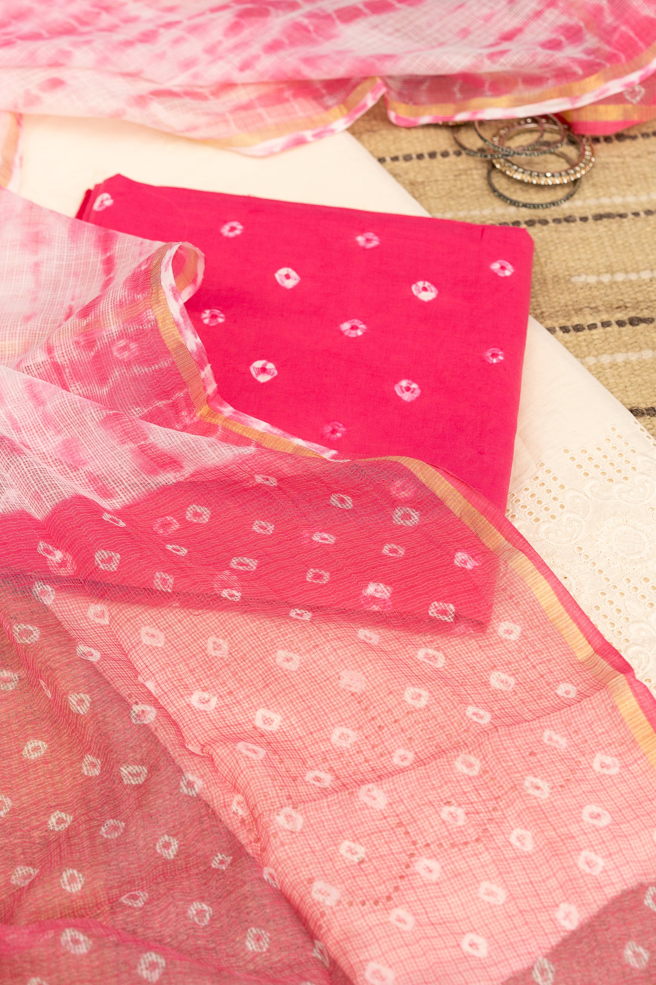 BANDHANI BLOOM - Unstitched Cotton 60×60 Suit Set with Dupatta (3 Piece Fabric)- CRIMSON PINK