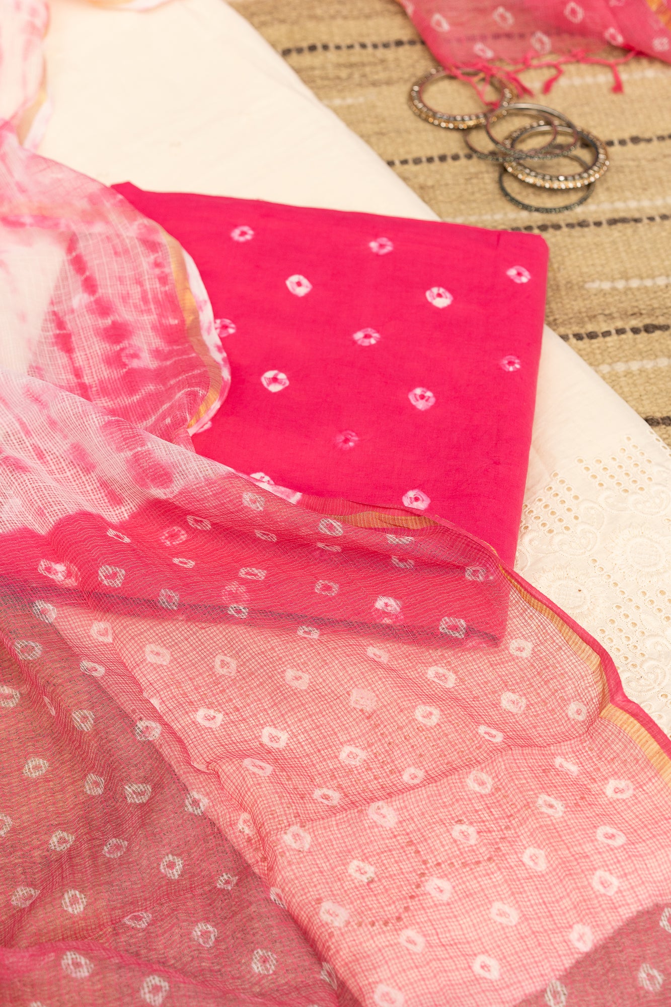 BANDHANI BLOOM - Unstitched Cotton 60×60 Suit Set with Dupatta (3 Piece Fabric)- CRIMSON PINK