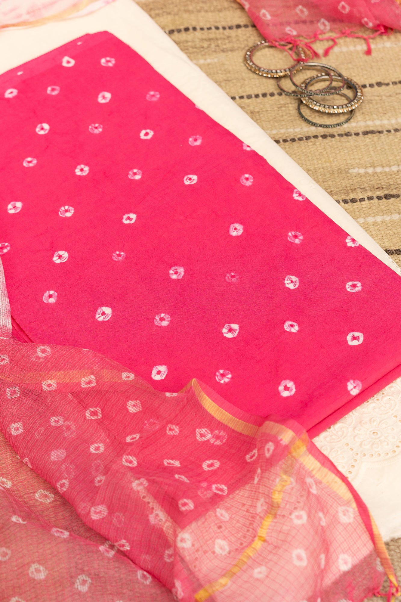 BANDHANI BLOOM - Unstitched Cotton 60×60 Suit Set with Dupatta (3 Piece Fabric)- CRIMSON PINK