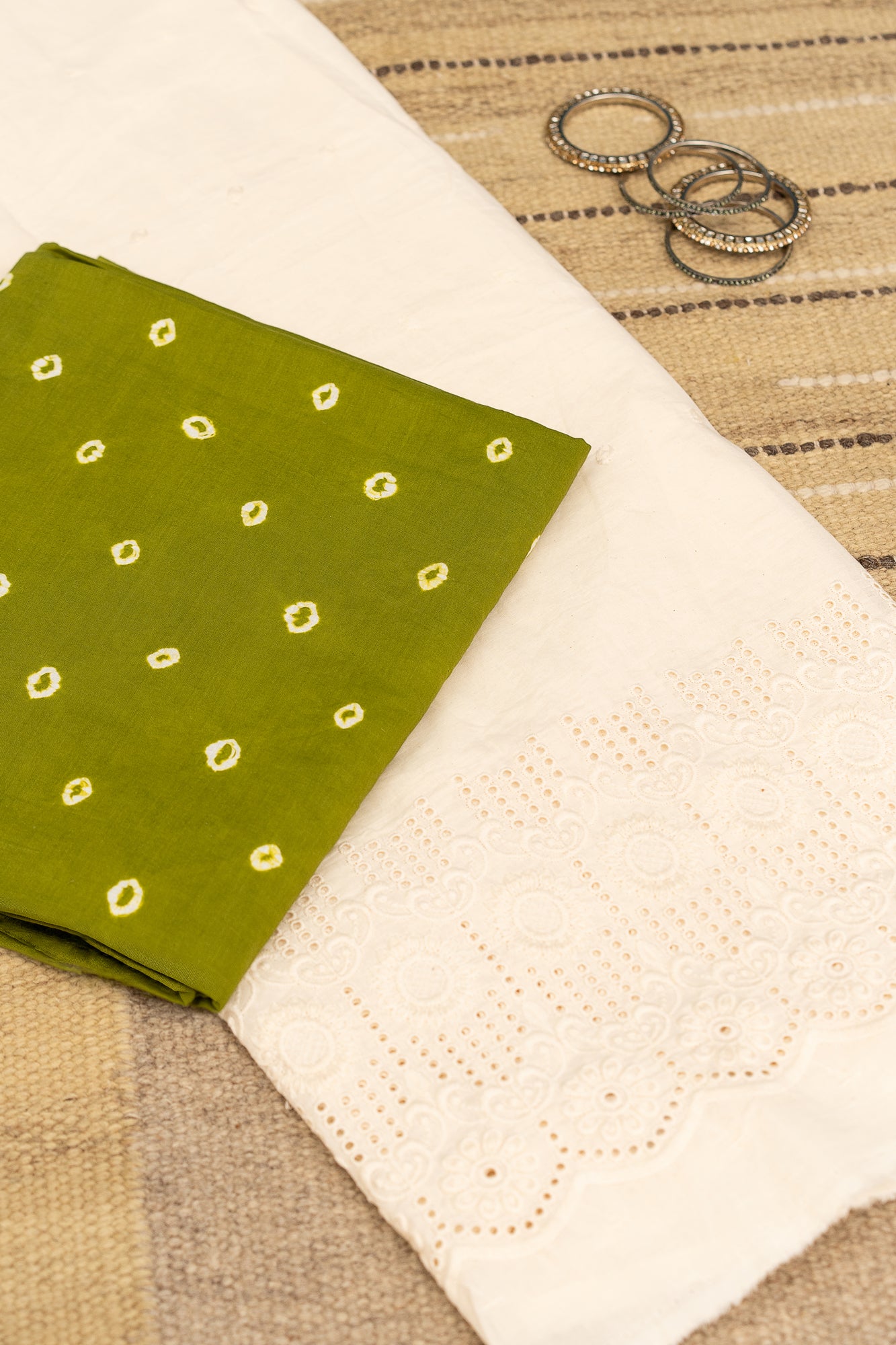 BANDHANI BLOOM - Unstitched Cotton 60×60 Suit Set with Dupatta (3 Piece Fabric)-MEHENDI GREEN
