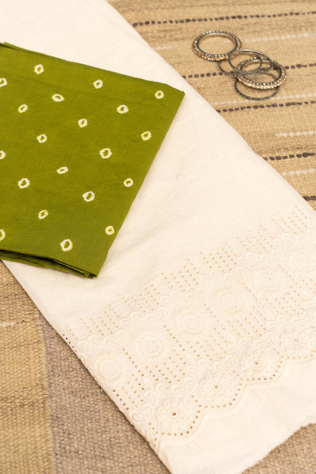 BANDHANI BLOOM - Unstitched Cotton 60×60 Suit Set with Dupatta (3 Piece Fabric)-MEHENDI GREEN