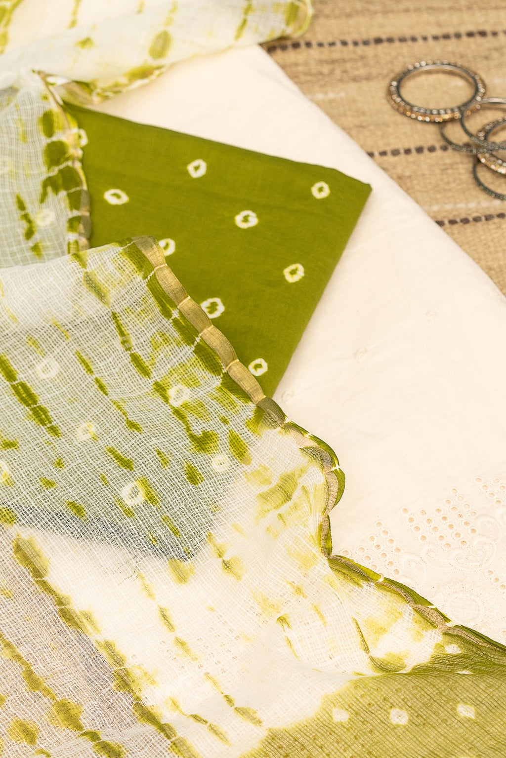 BANDHANI BLOOM - Unstitched Cotton 60×60 Suit Set with Dupatta (3 Piece Fabric)-MEHENDI GREEN