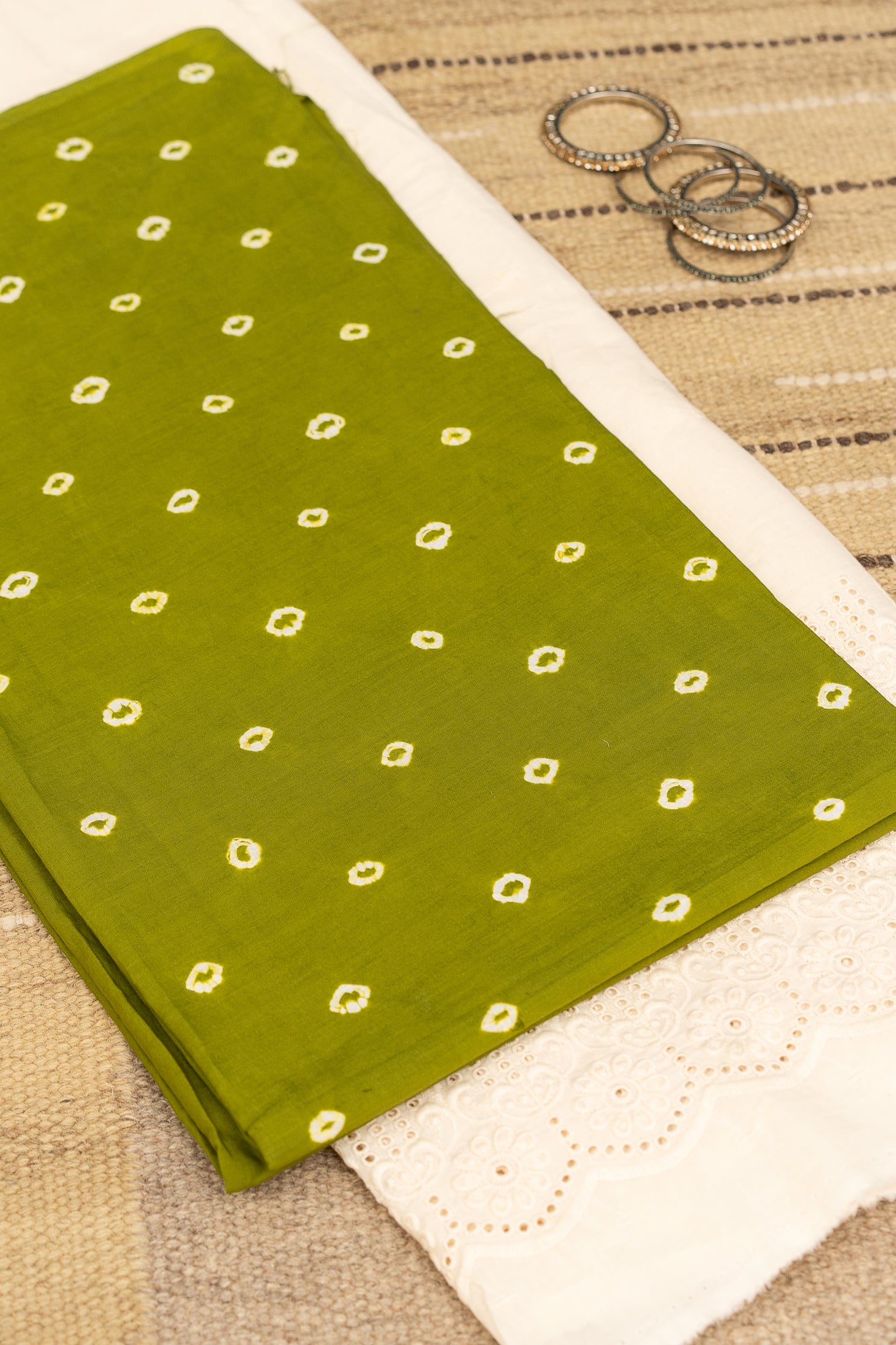 BANDHANI BLOOM - Unstitched Cotton 60×60 Suit Set with Dupatta (3 Piece Fabric)-MEHENDI GREEN