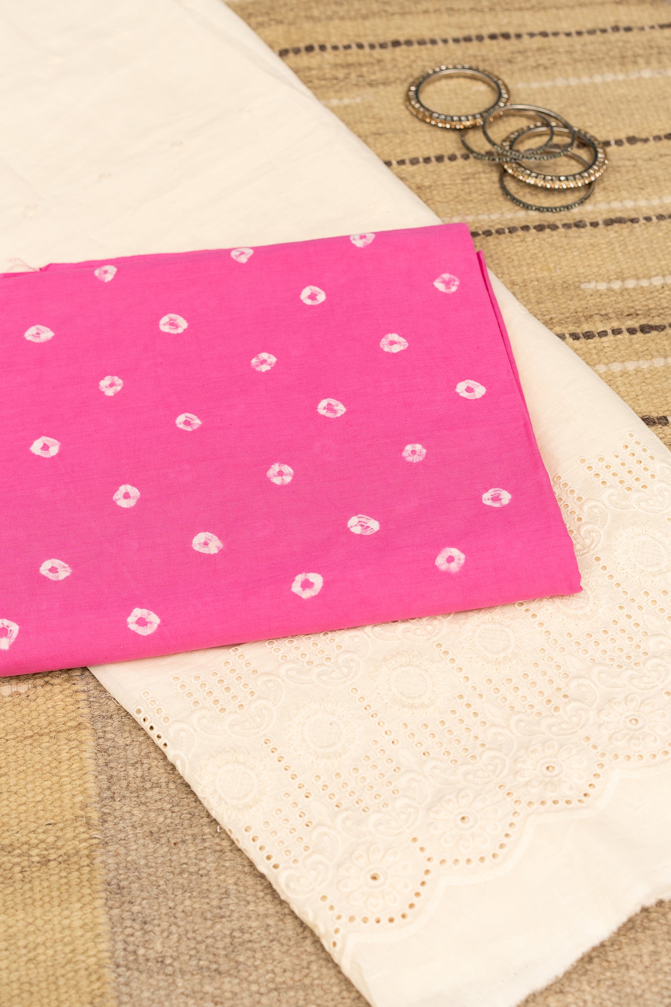 BANDHANI BLOOM- Unstitched Cotton 60×60 Suit Set with Dupatta (3 Piece Fabric)- PINK