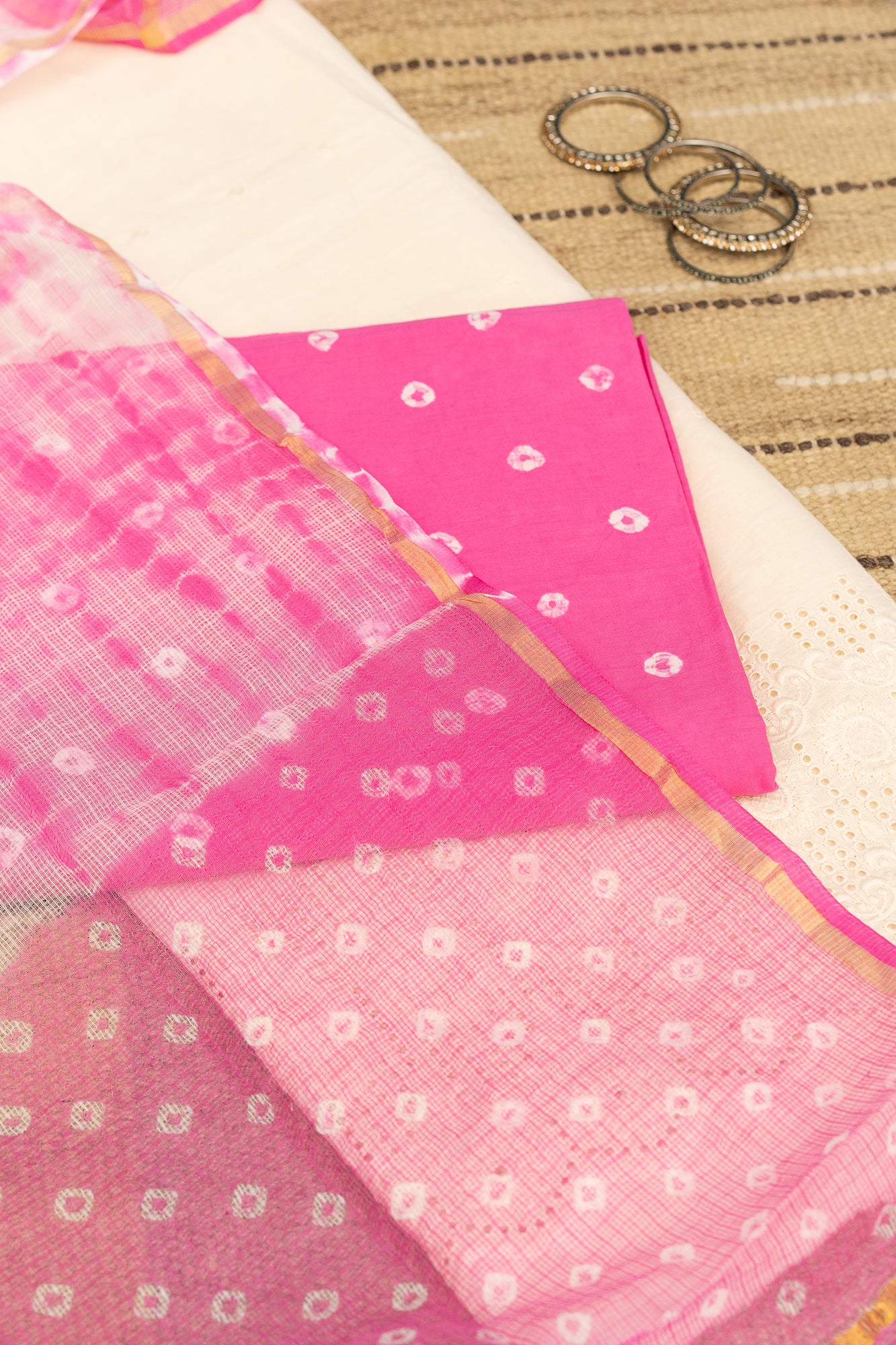 BANDHANI BLOOM- Unstitched Cotton 60×60 Suit Set with Dupatta (3 Piece Fabric)- PINK