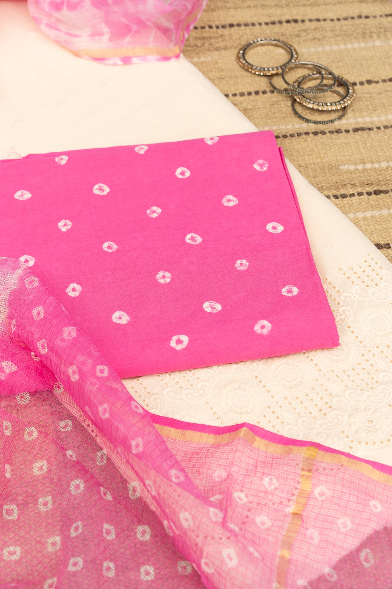 BANDHANI BLOOM- Unstitched Cotton 60×60 Suit Set with Dupatta (3 Piece Fabric)- PINK