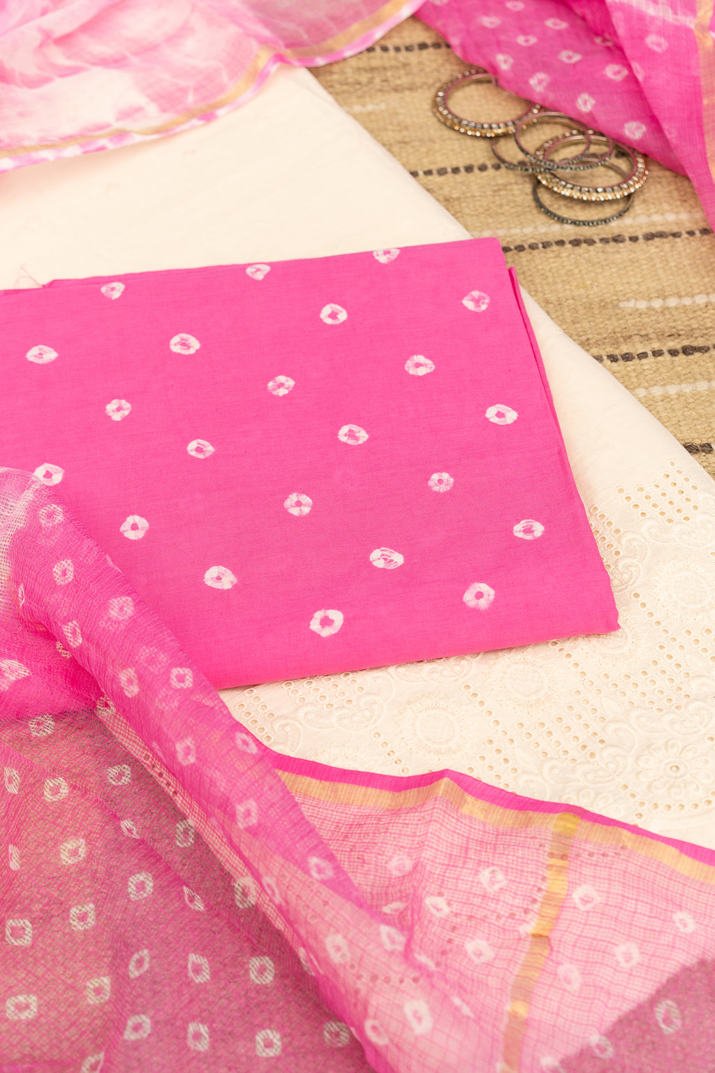 BANDHANI BLOOM- Unstitched Cotton 60×60 Suit Set with Dupatta (3 Piece Fabric)- PINK