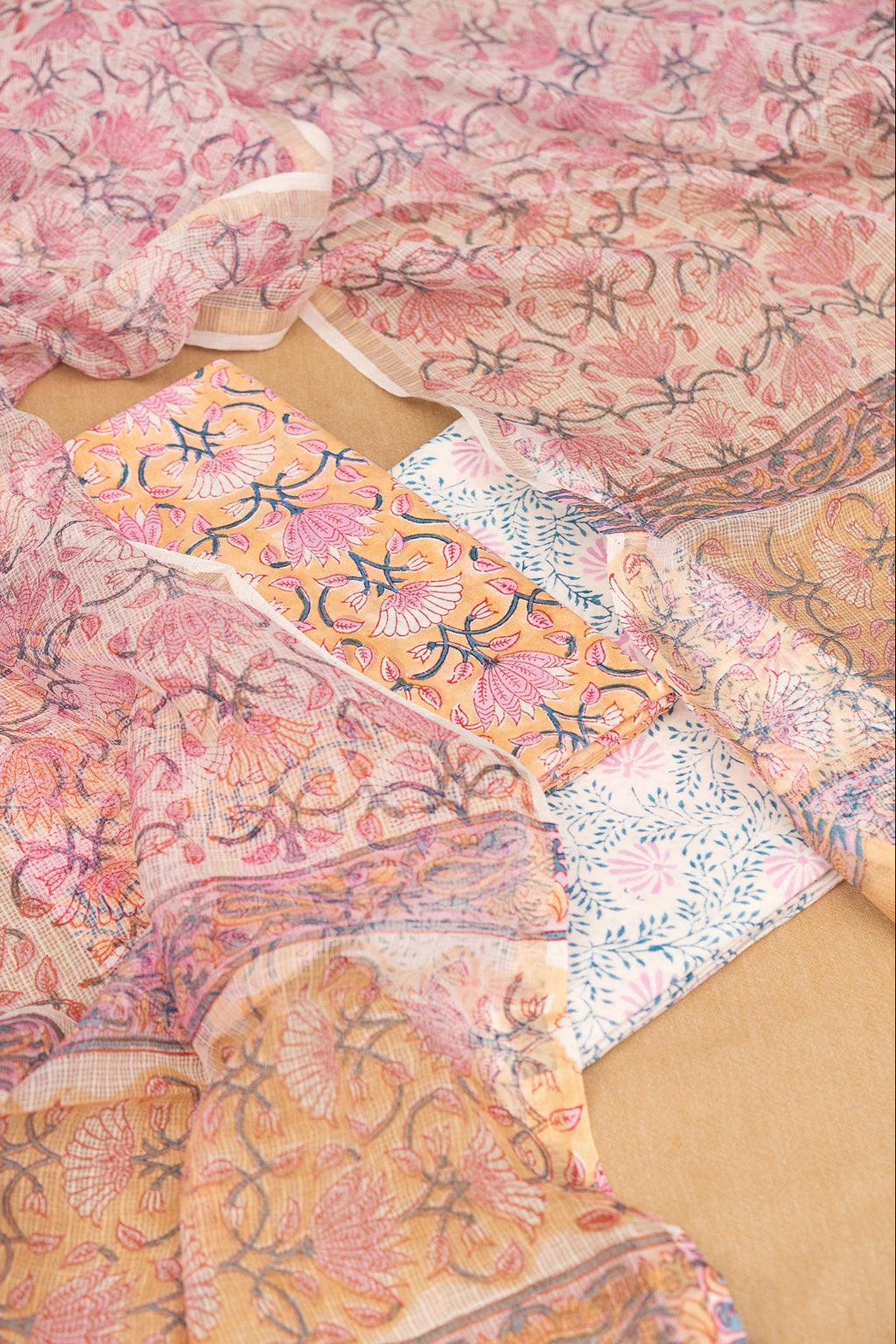 𝗟𝗢𝗧𝗨𝗦 𝗪𝗛𝗜𝗦𝗣𝗘𝗥𝗦 - Unstitched Cotton 60×60 Suit Set with Kota Doria Dupatta (3 Piece Fabric)