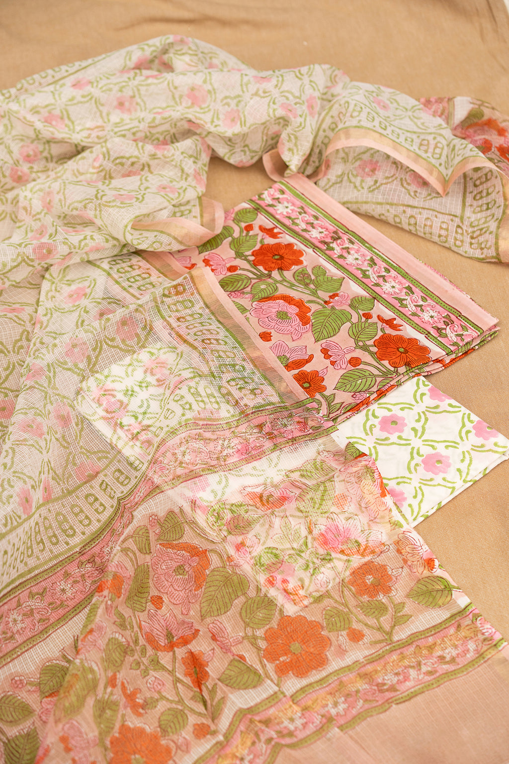 𝗠𝗔𝗛𝗔𝗥𝗔𝗡𝗜 𝗩𝗘𝗜𝗟 - Unstitched Cotton 60×60 Suit Set with Kota Doria Dupatta (3 Piece Fabric)