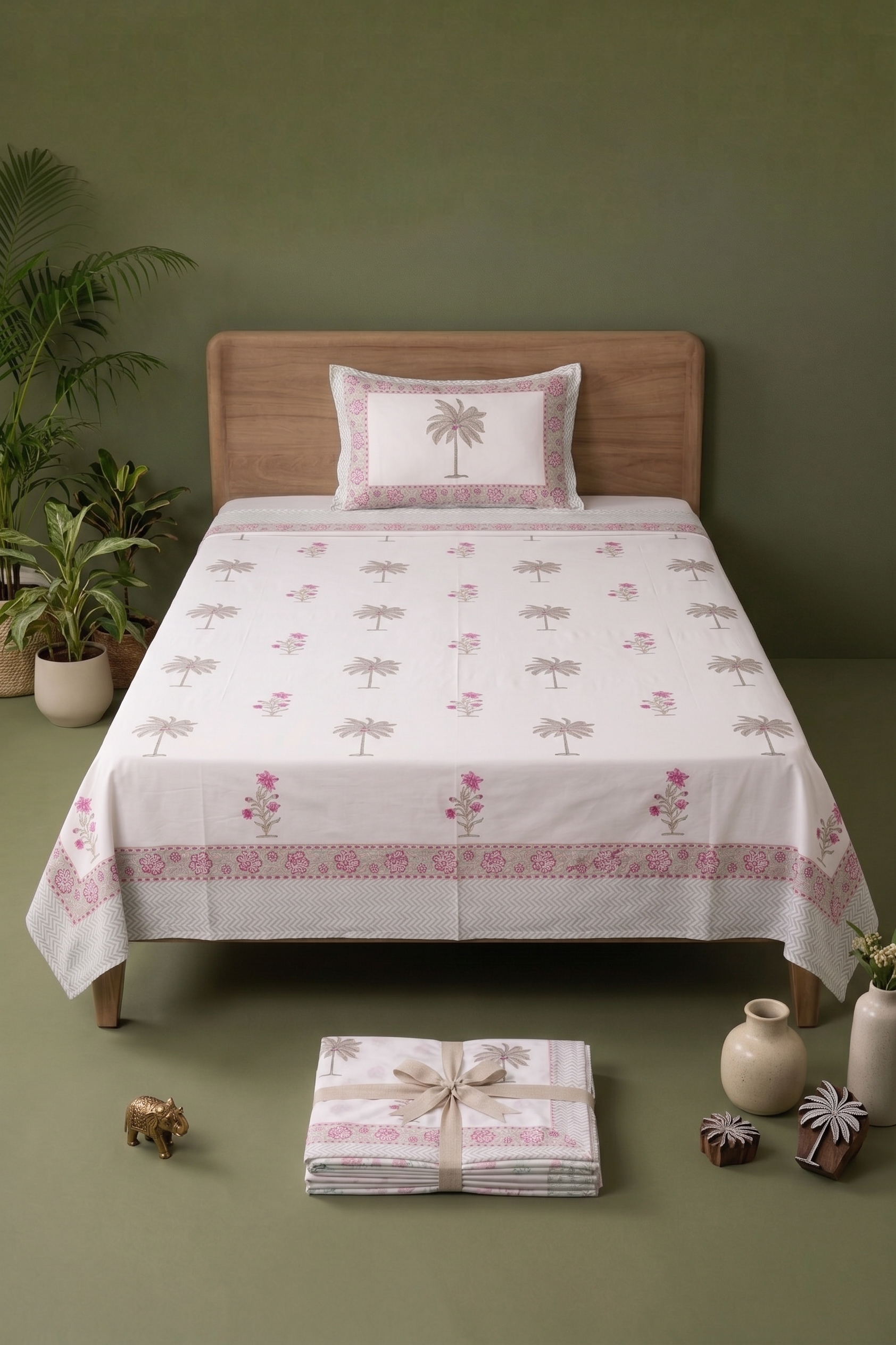 COTTON HANDBLOCK PALM BEDSHEET