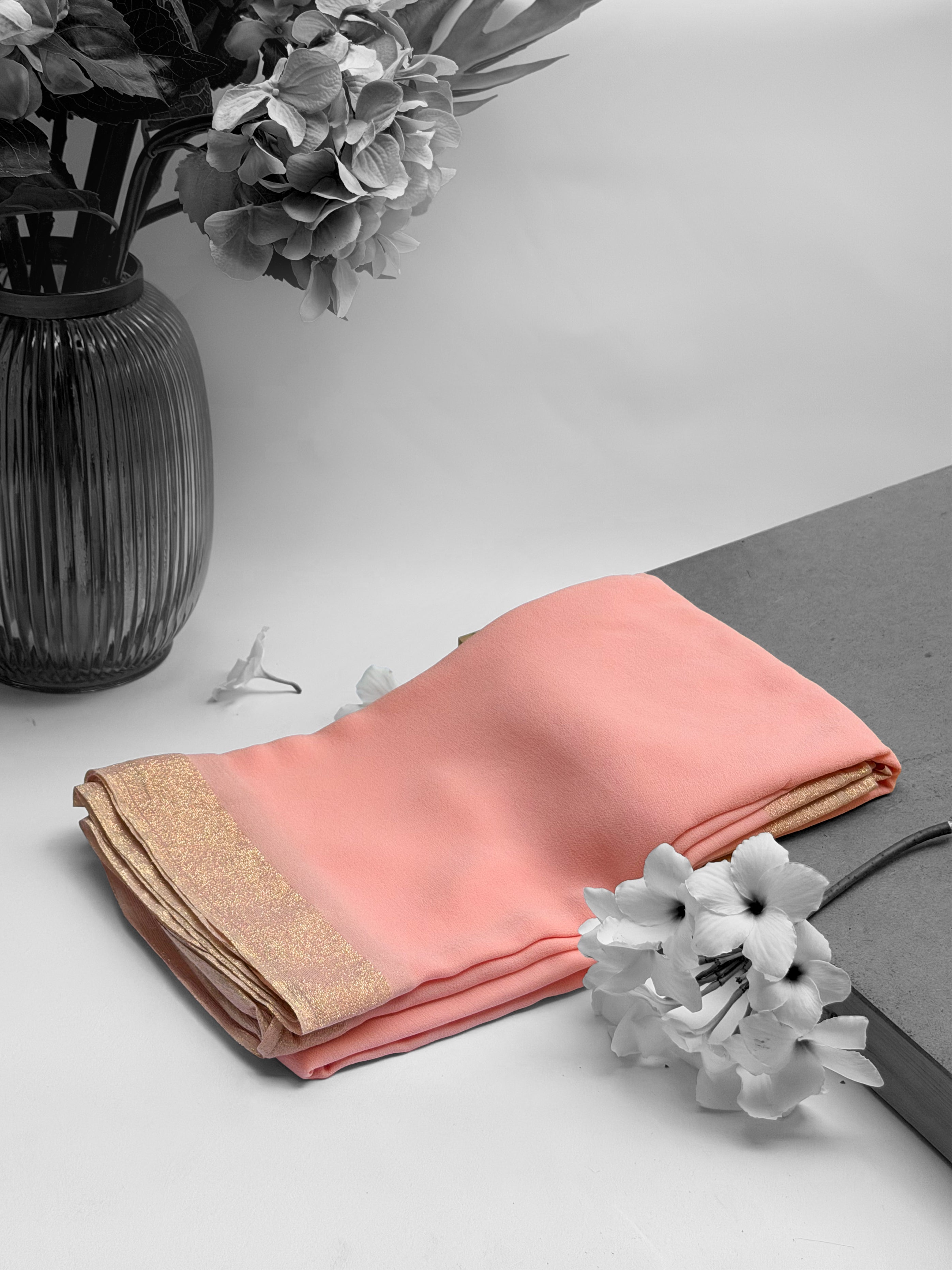 Peach Georgette Silk With Gold Weave