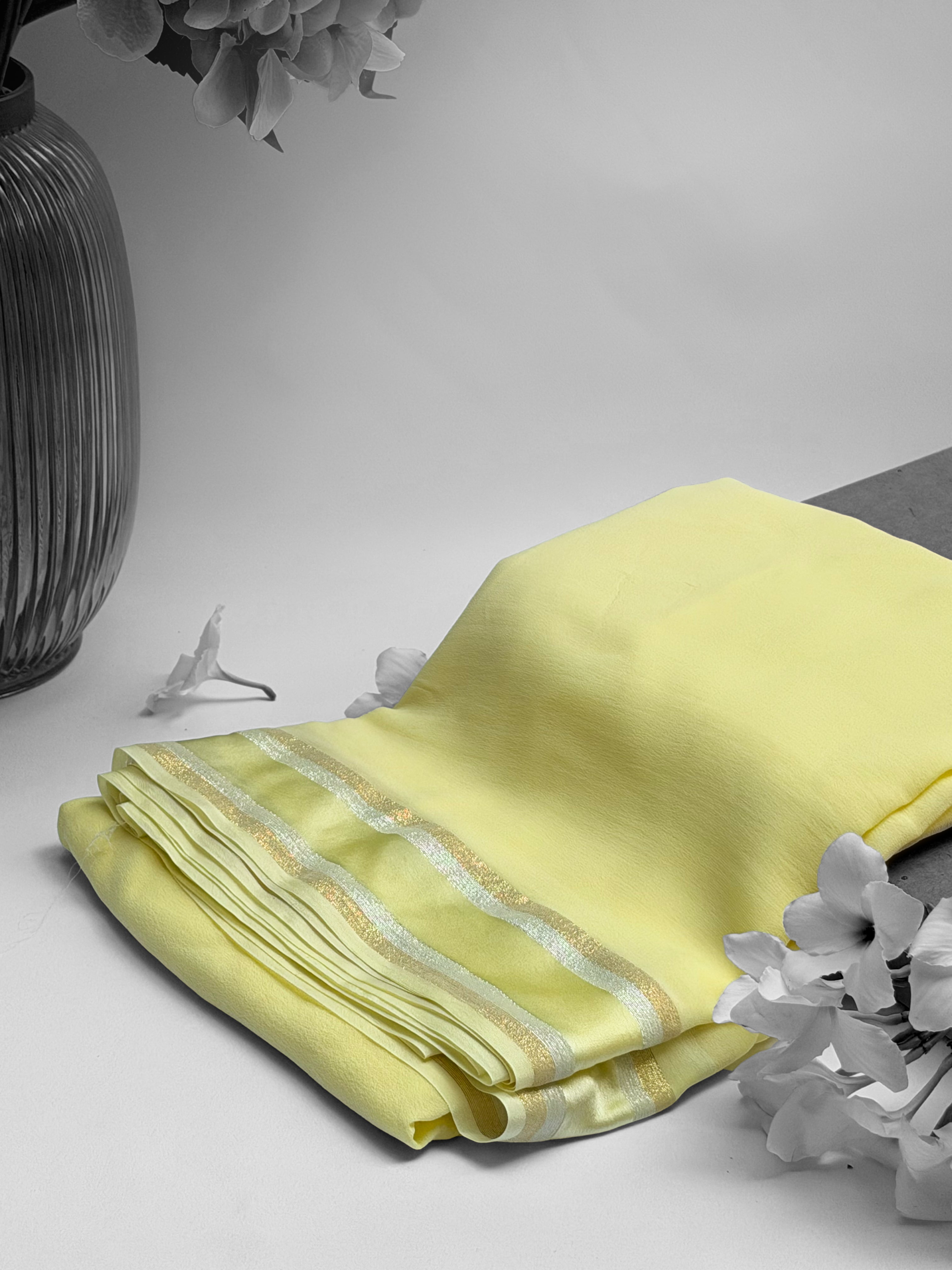 Lemon Yellow Georgette Silk Saree with Dual-Tone Woven Satin Stripes