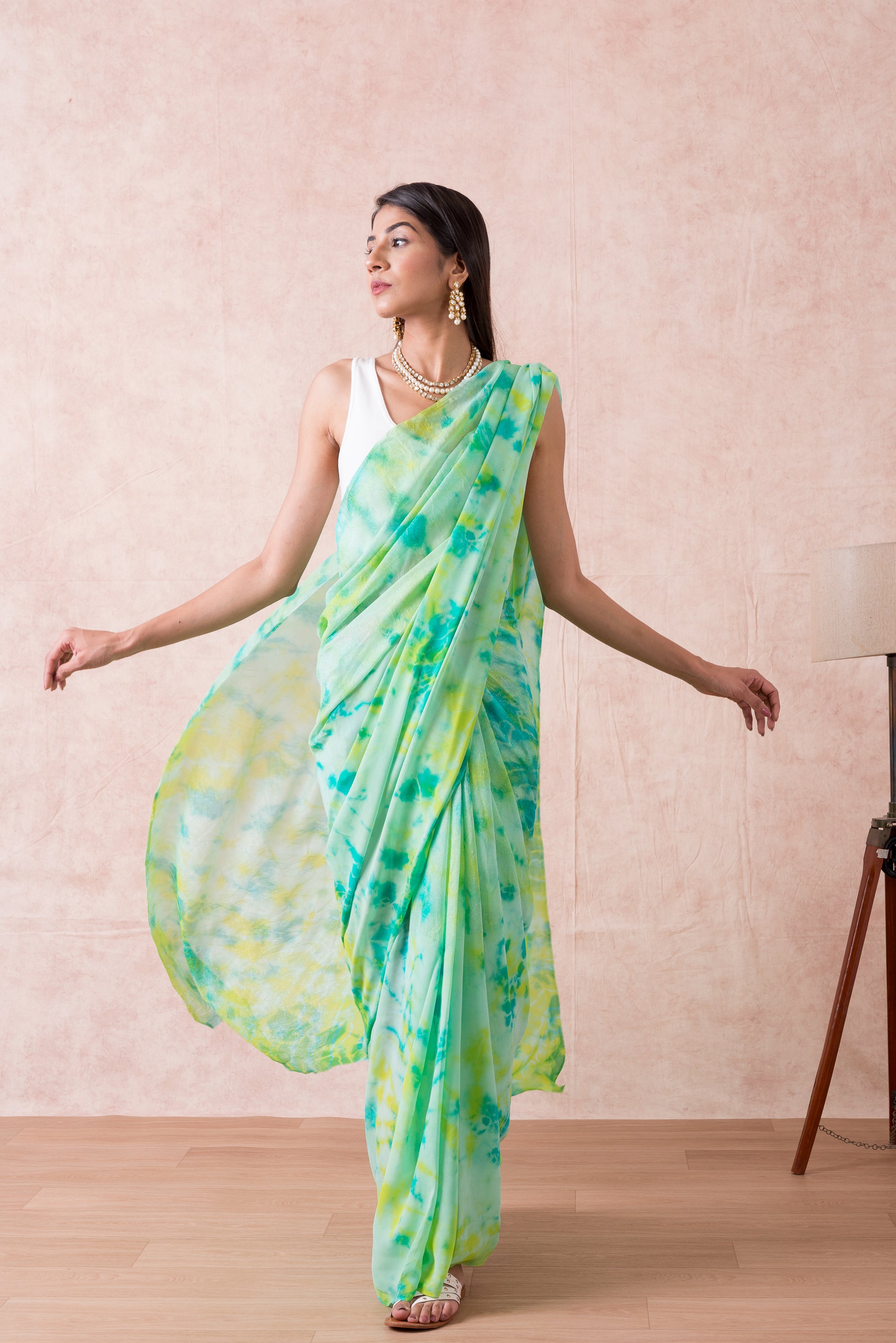 Green Tie and dye Saare in pure silk