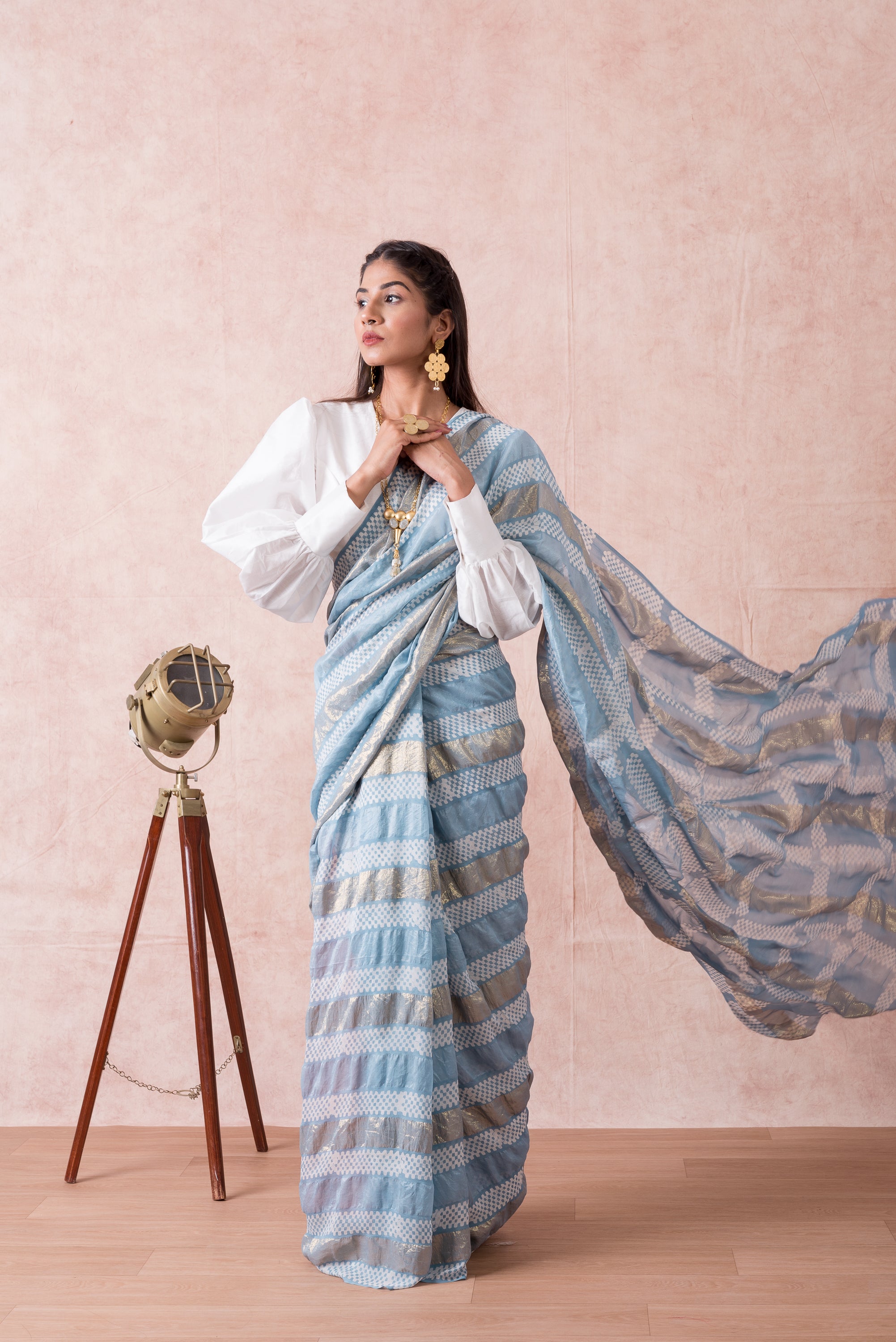 POWDER BLUE PURE SILK SAARE WITH LUREX