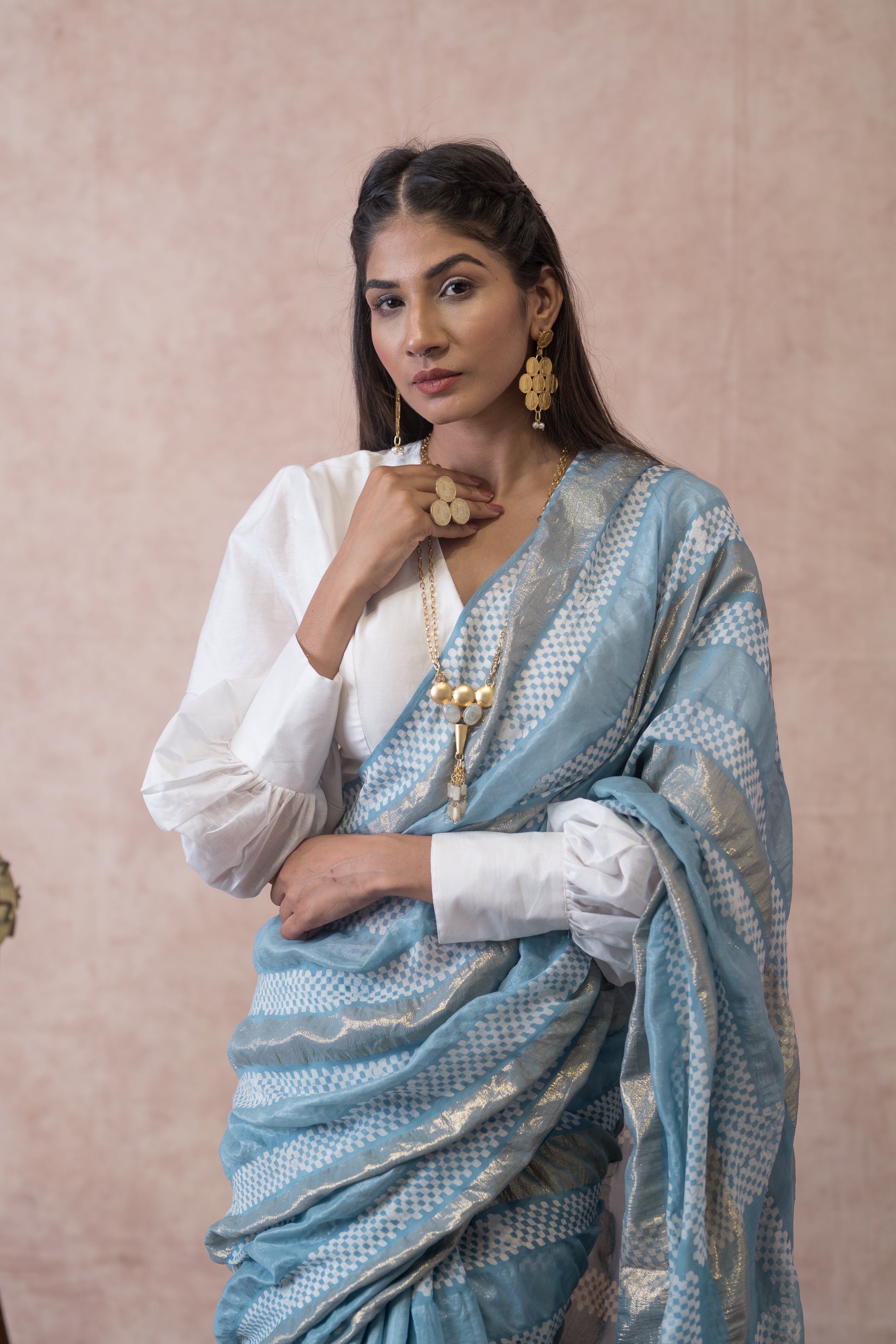 POWDER BLUE PURE SILK SAARE WITH LUREX