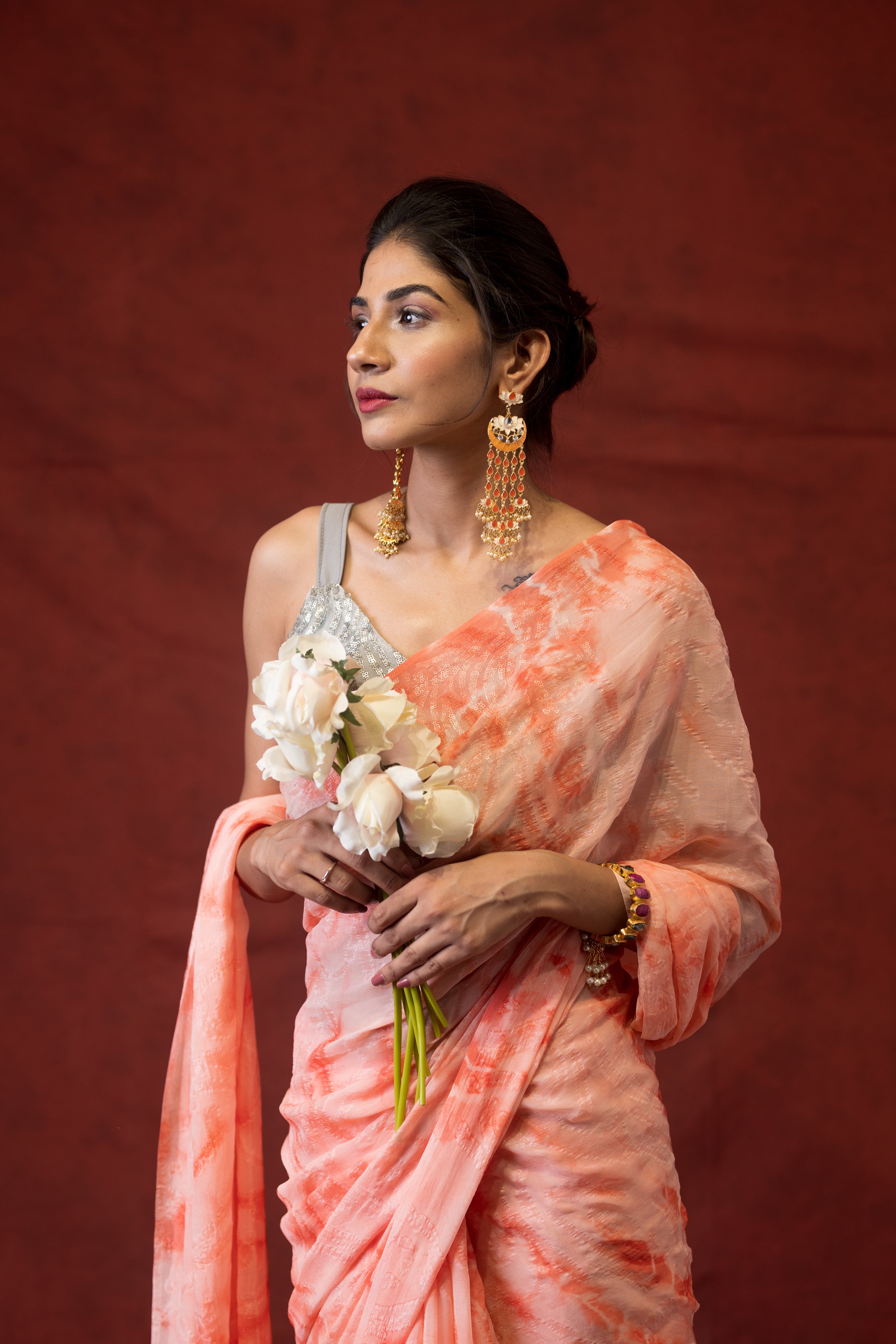 Peach Tie and Dye Pure Georgette Silk Saare